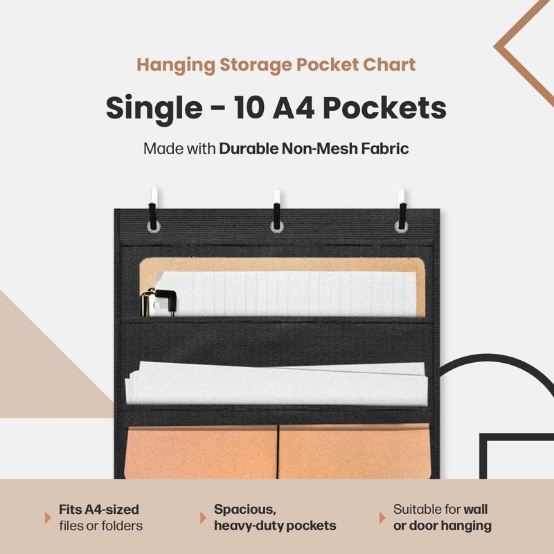 Hippo Creation Heavy Duty Storage Pocket Chart for Classroom, 10 Pocket Storage Organizer with 6 Over-Door Hangers, Hanging Wall Organizer for File Folders, School Mailbox, Home Office Papers - Black - Image 2